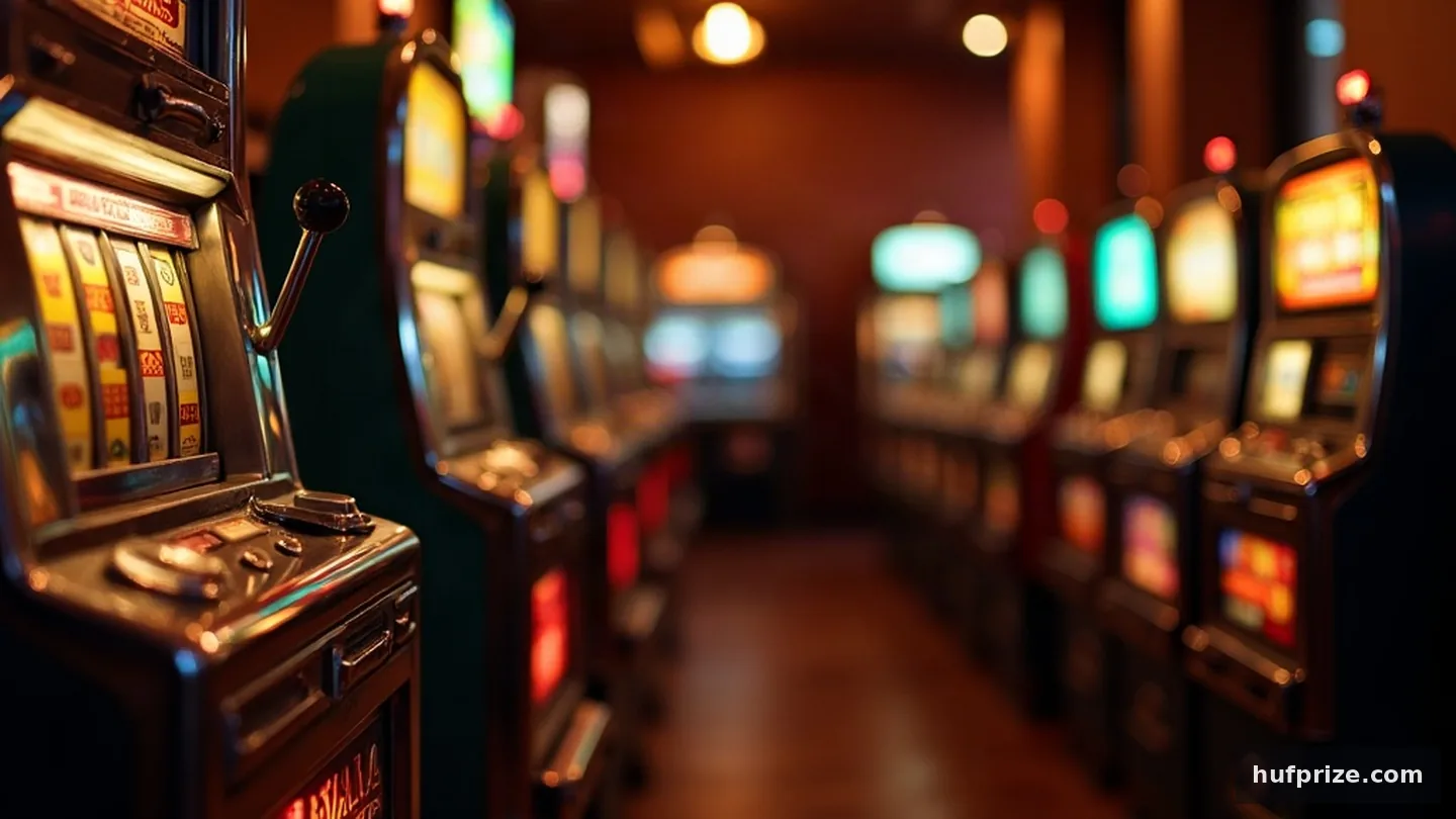 casino, slots, bonus, jackpot fogalmakat bemutató nyerőgépes terem
